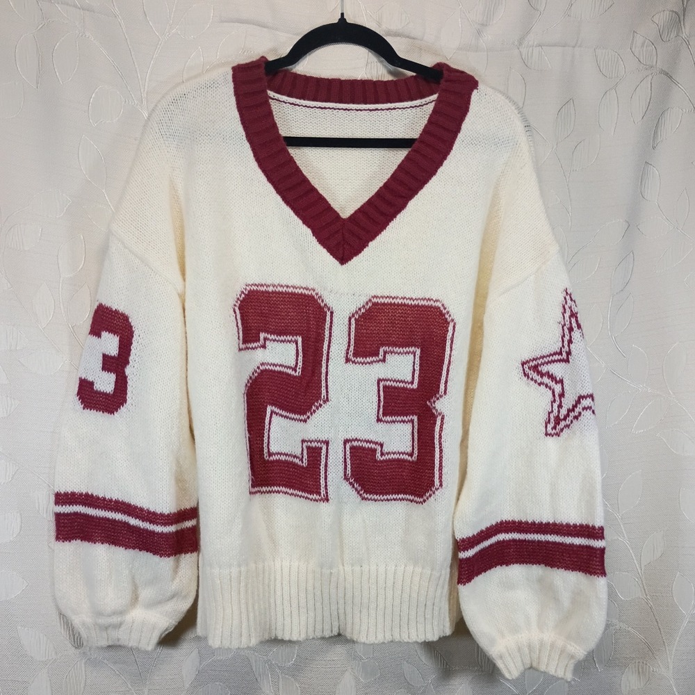 Oversized V-Neck Knit Sweater Cream Burgundy Varsity Graphic 23 Star Pullover